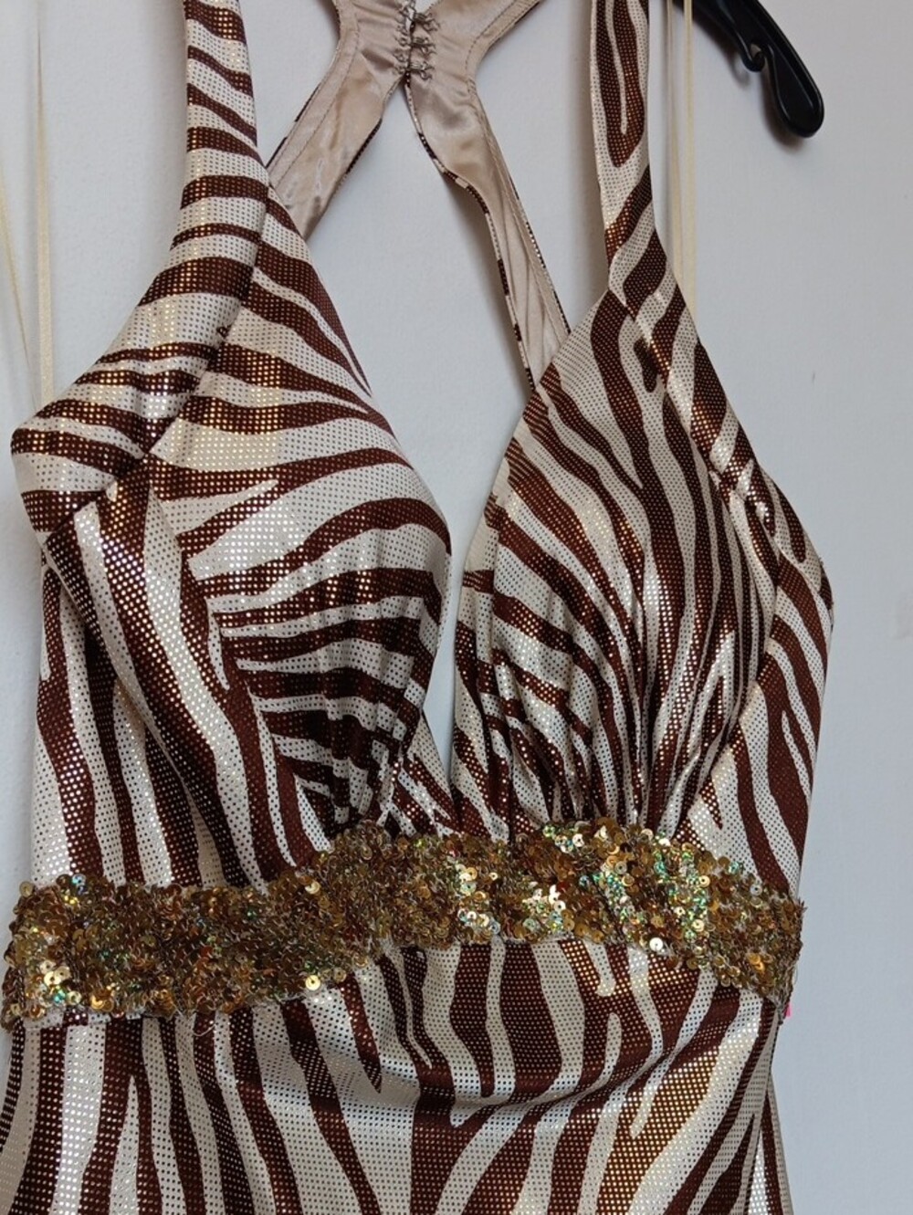 Vintage La Femme Gold and Brown Zebra-Print Maxi Dress with Embellished Waist - Picture 16 of 16